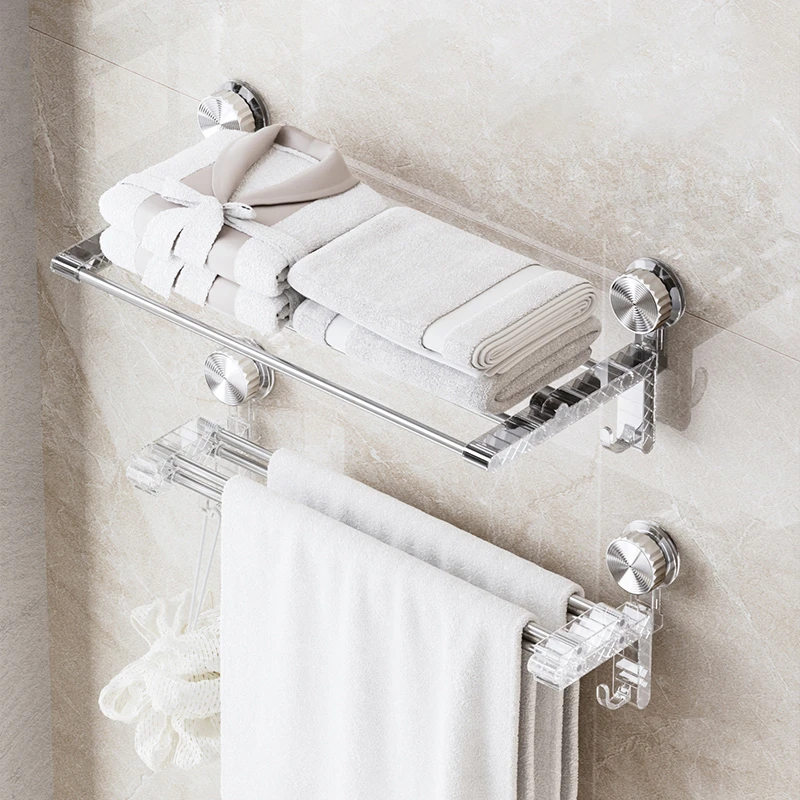 吸盘毛巾架卫生间免打孔挂杆浴室置物架一体淋浴房厕所收纳浴巾架