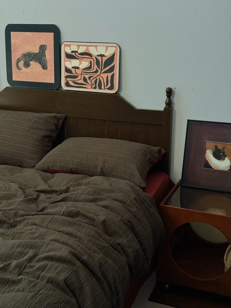 【绿影棕纹】复古条纹色织双层棉纱简约质感秋冬柔软裸睡被套四件套