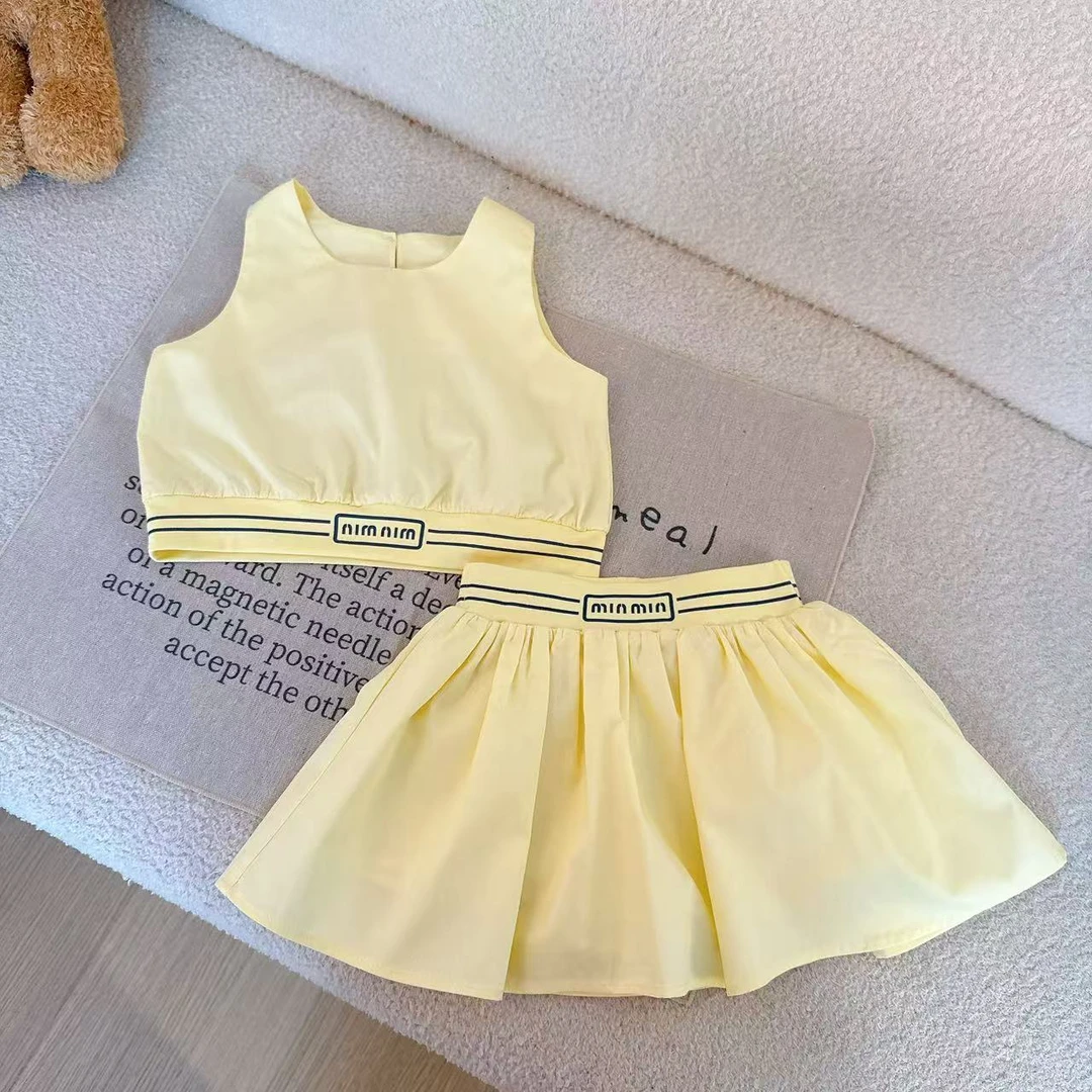 2025夏季花单排扣韩版女套装时尚无袖假两件女宝半身裙运动5X060