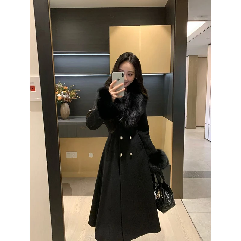 XINYI【赫尔千金】冬季贵气狐狸毛羊毛双面呢大衣女X625X19815