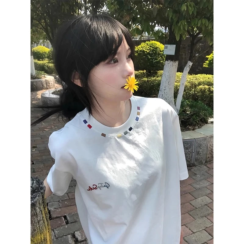 美式潮牌彩虹刺绣圆领短袖T恤男夏季重磅纯棉cleanfit情侣半截袖