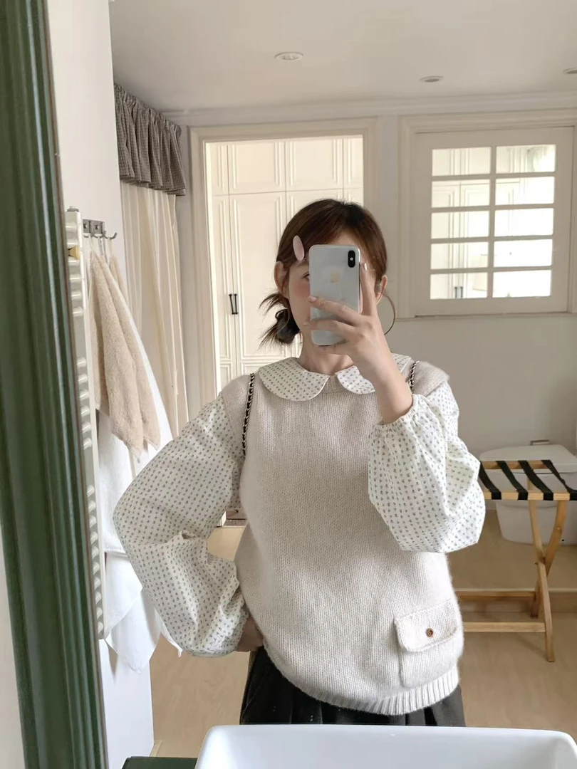 2025秋冬新款学院风娃娃领针织背心衬衫半身裙百搭显瘦三件套装女