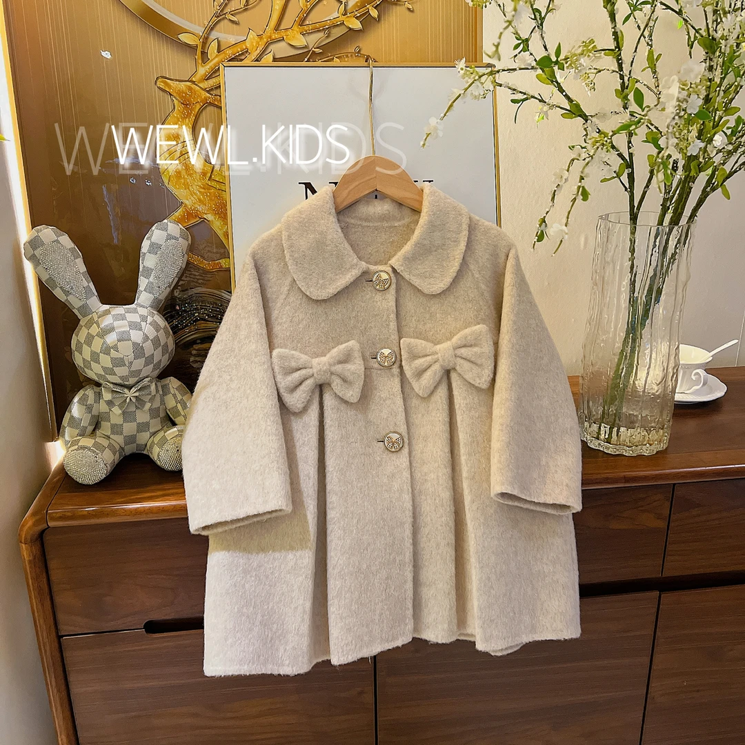 <可可小姐>【羊毛+天丝，纯手工，双面呢】秋冬女童娃娃领蝴蝶结外套