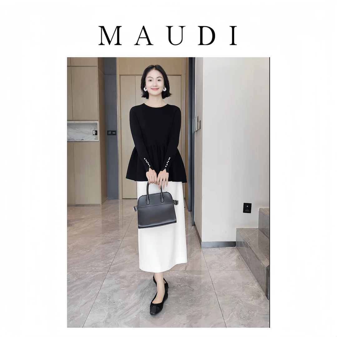 MAUDI浪漫之都秋季新款2025简约荷叶边套头黑色上衣针织衫8205