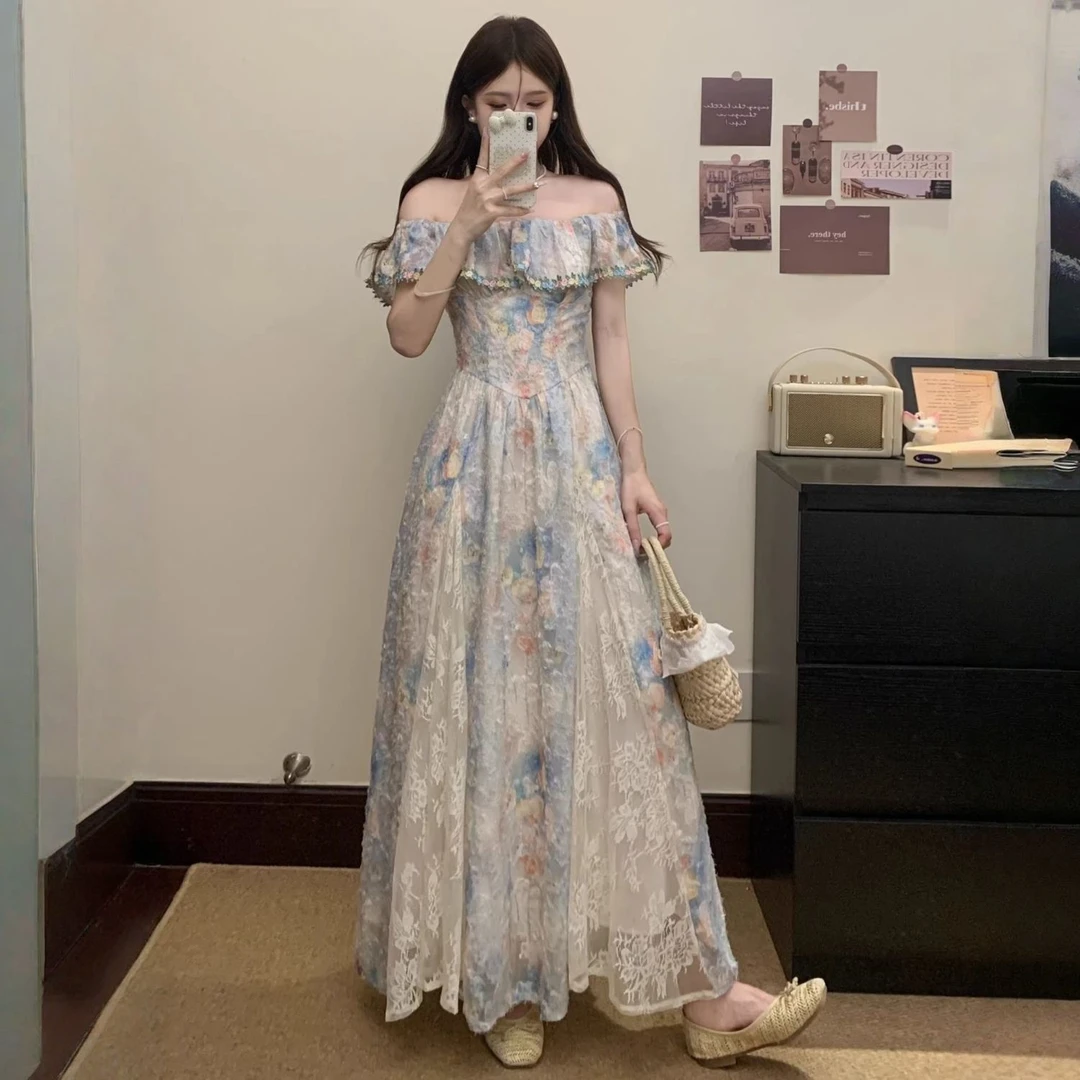 大码胖mm复古法式浪漫碎花一字肩连衣裙女绝美气质收腰长裙200斤