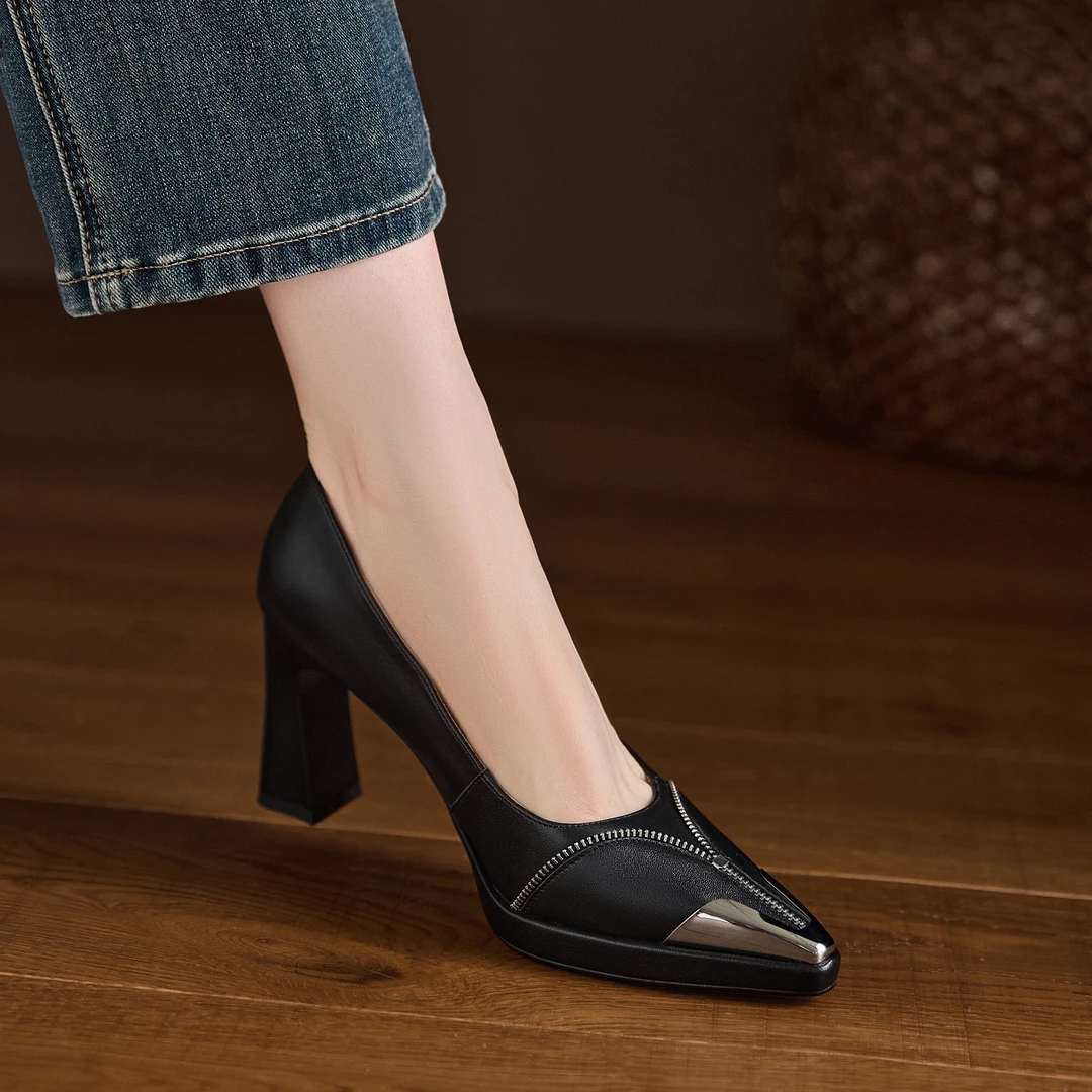 小个子增高8.5cm~防踢金属尖头浅口单鞋女新款真皮粗跟气质高跟鞋