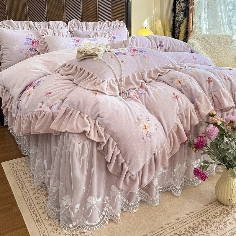 韩版牛奶绒5D数码印花夹棉床盖床裙款四件套加绒公主风长毛绒被套