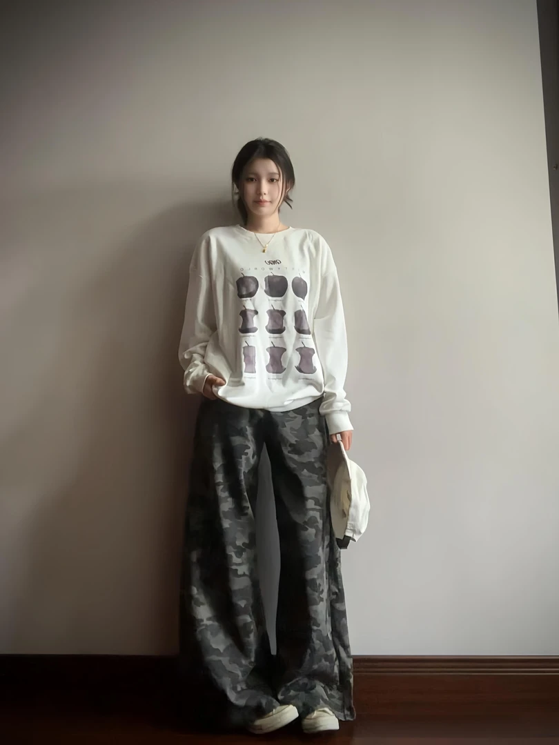 裤长113cm高个子加长复古迷彩牛仔裤女超长宽松阔腿垂感拖地裤秋