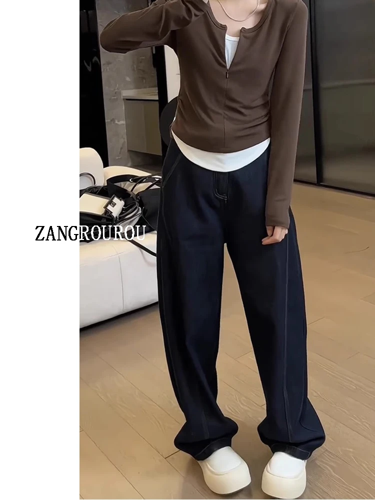 2025春季窄版阔腿裤显瘦牛仔裤女春秋新款宽松显瘦弯刀裤直筒高腰