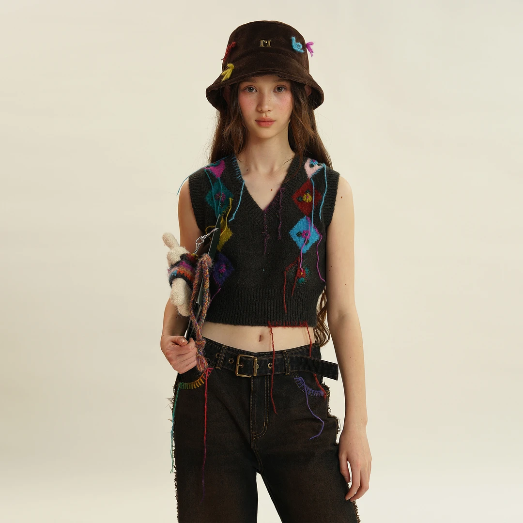 Moromoro菱格花朵彩线流苏无袖针织背心女短款复古毛衣设计感上衣