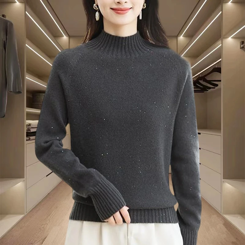新款纯色亮片半高领毛衣女款2025款网红款高档百搭减龄针织衫上衣
