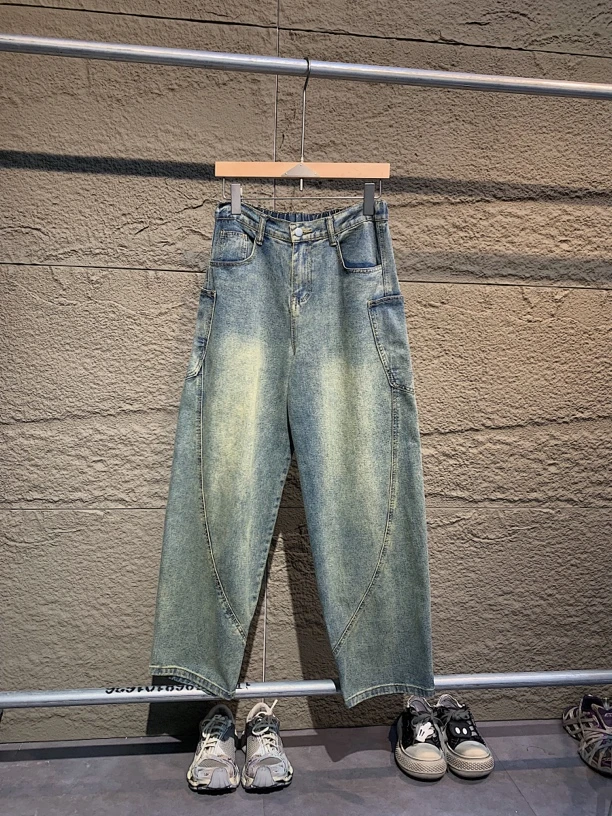 913四季款高棉废土风重磅水洗大口袋弯刀牛仔情侣长裤