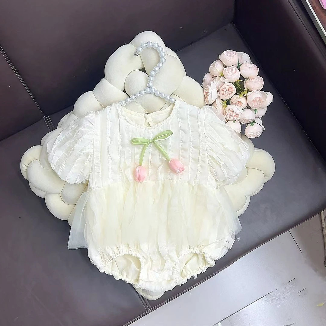 婴儿郁金香包屁裙2025新款夏季宝宝纯色网纱包屁衣周岁新生儿衣服