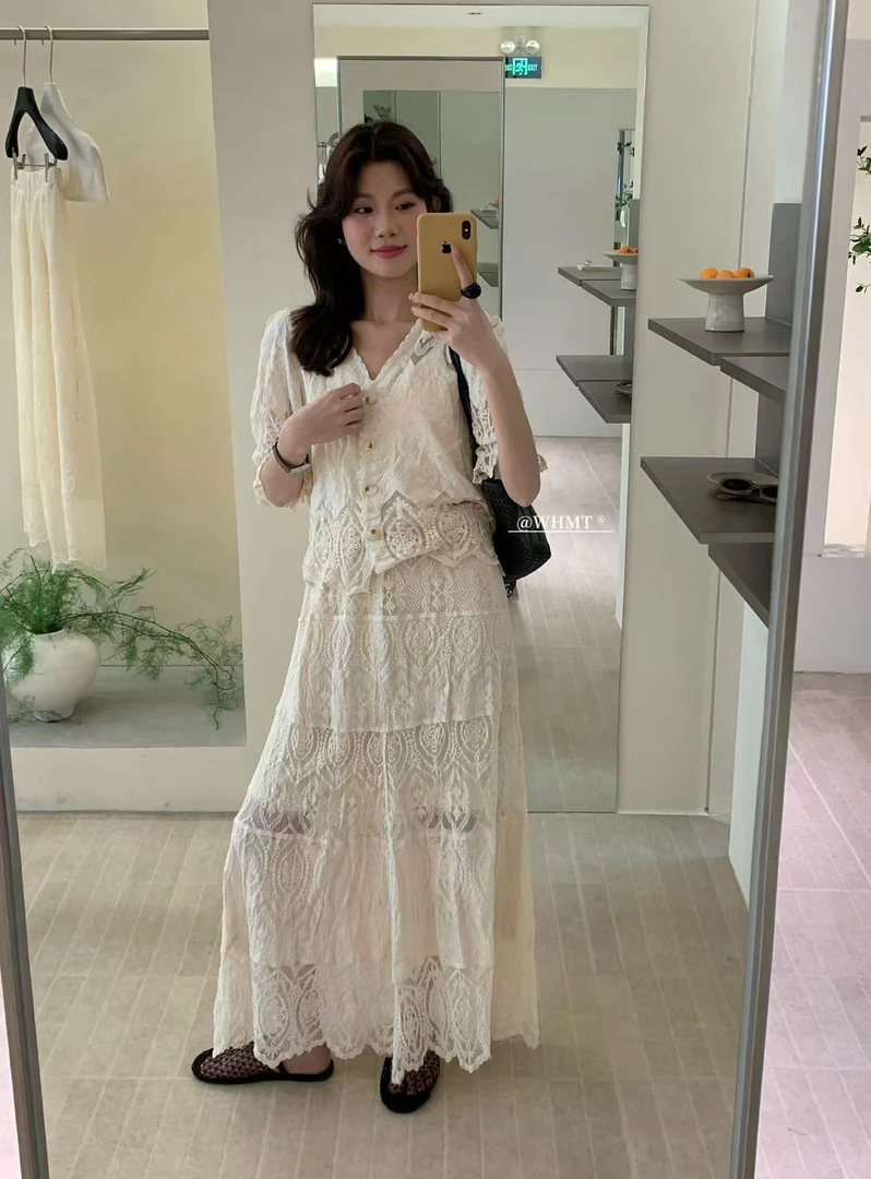 WHMT（8635#库）碎花蕾丝垂感半裙套装（衣长51 裙长94 腰围64）kc