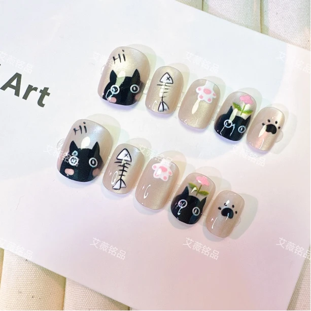(豆豆甲)可爱黑猫学生显白美甲贴片穿戴甲53