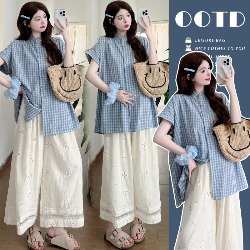 韩版宽松夏季孕妇套装新款爆款慵懒风休闲格子衬衫抽绳阔腿裤夏装