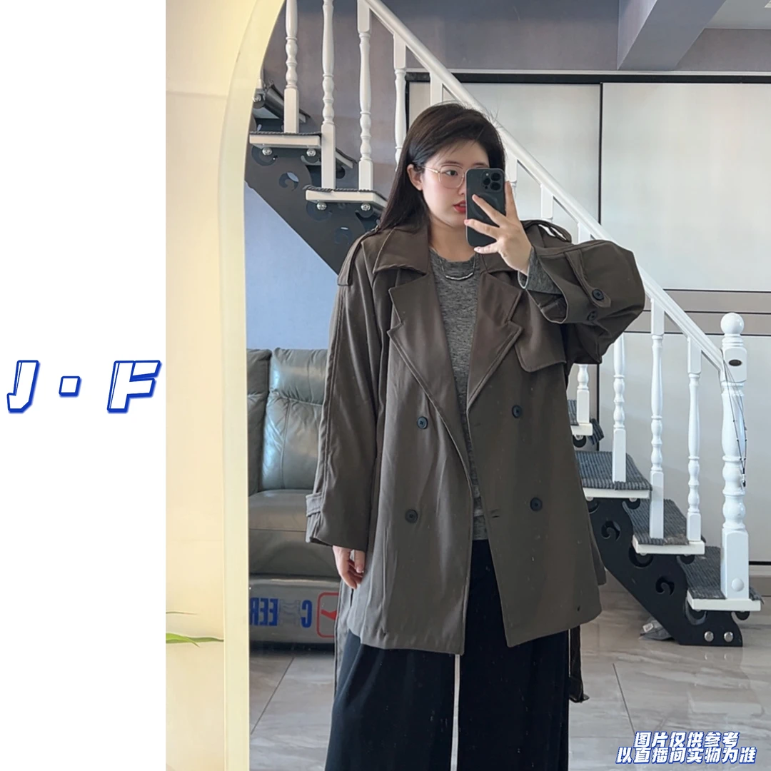 J·F定制大码女装2501复古美拉德翻领宽松中长款风衣外套