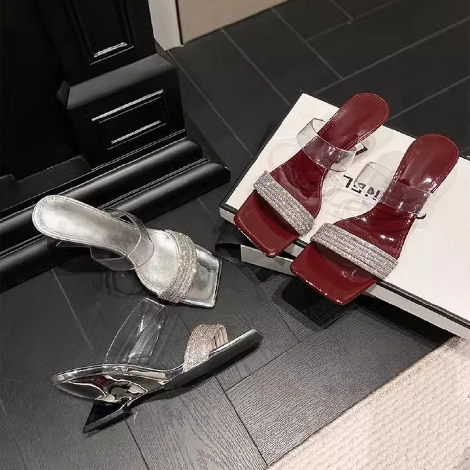 粗跟法式外穿方头夏季一字拖小众中跟网红凉鞋水钻仙女风细跟