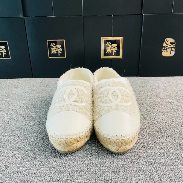 95新 Chanel/香奈儿 草编渔夫鞋米白色38码 带盒全配 ysc1003