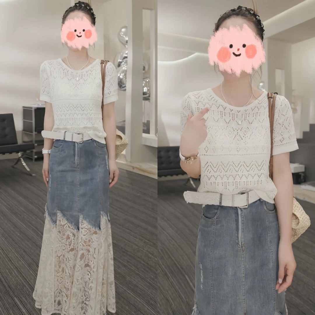 2025夏季小众镂空针织短袖高级感女装蕾丝拼接百搭牛仔半身裙套装
