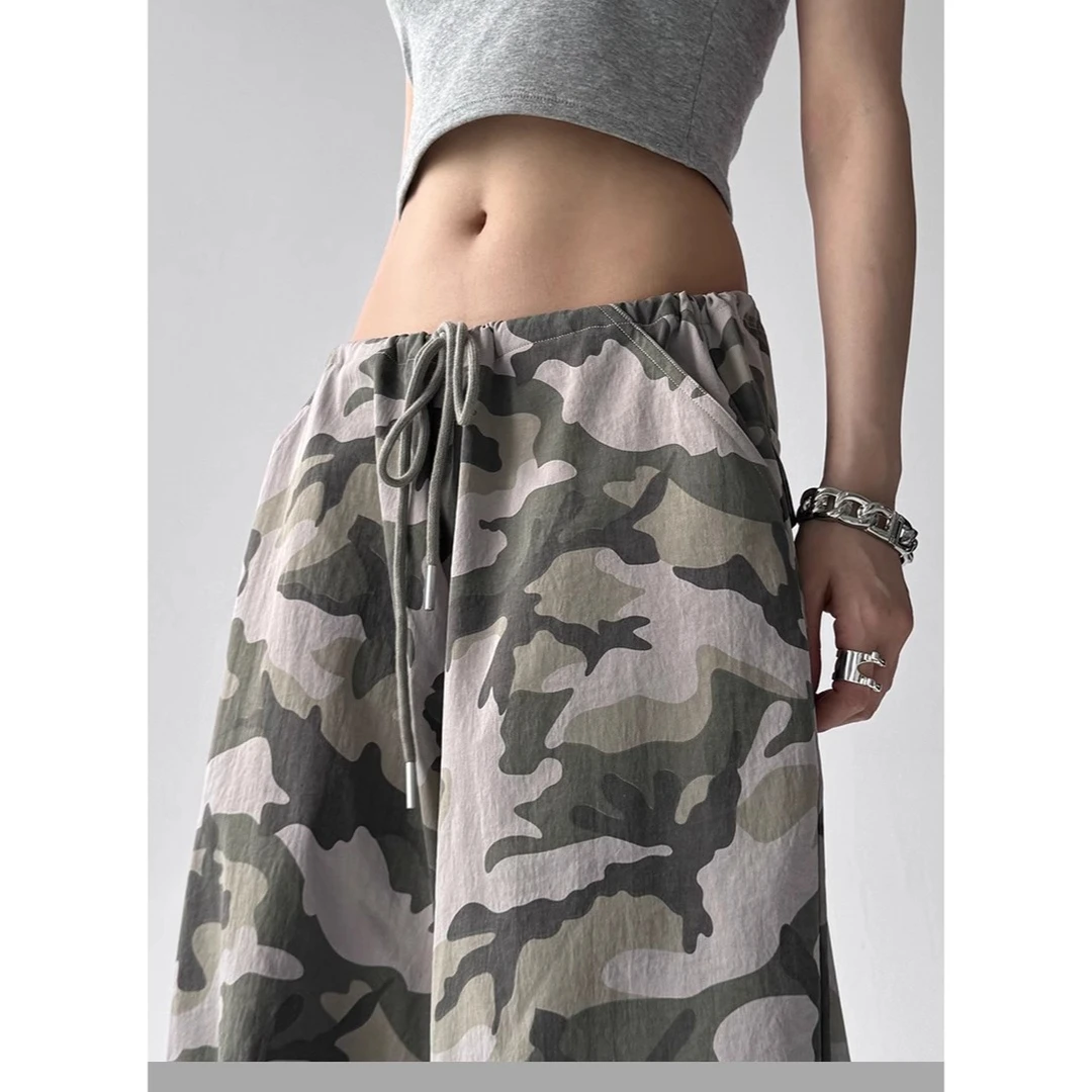 美式重磅复古迷彩夏季新款高腰显瘦宽松阔脚裤休闲慵懒风长裤情侣