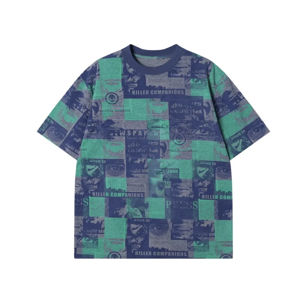 夏季高级感男装美式潮牌撞色满印字母圆领ins短袖T恤百搭潮流上衣