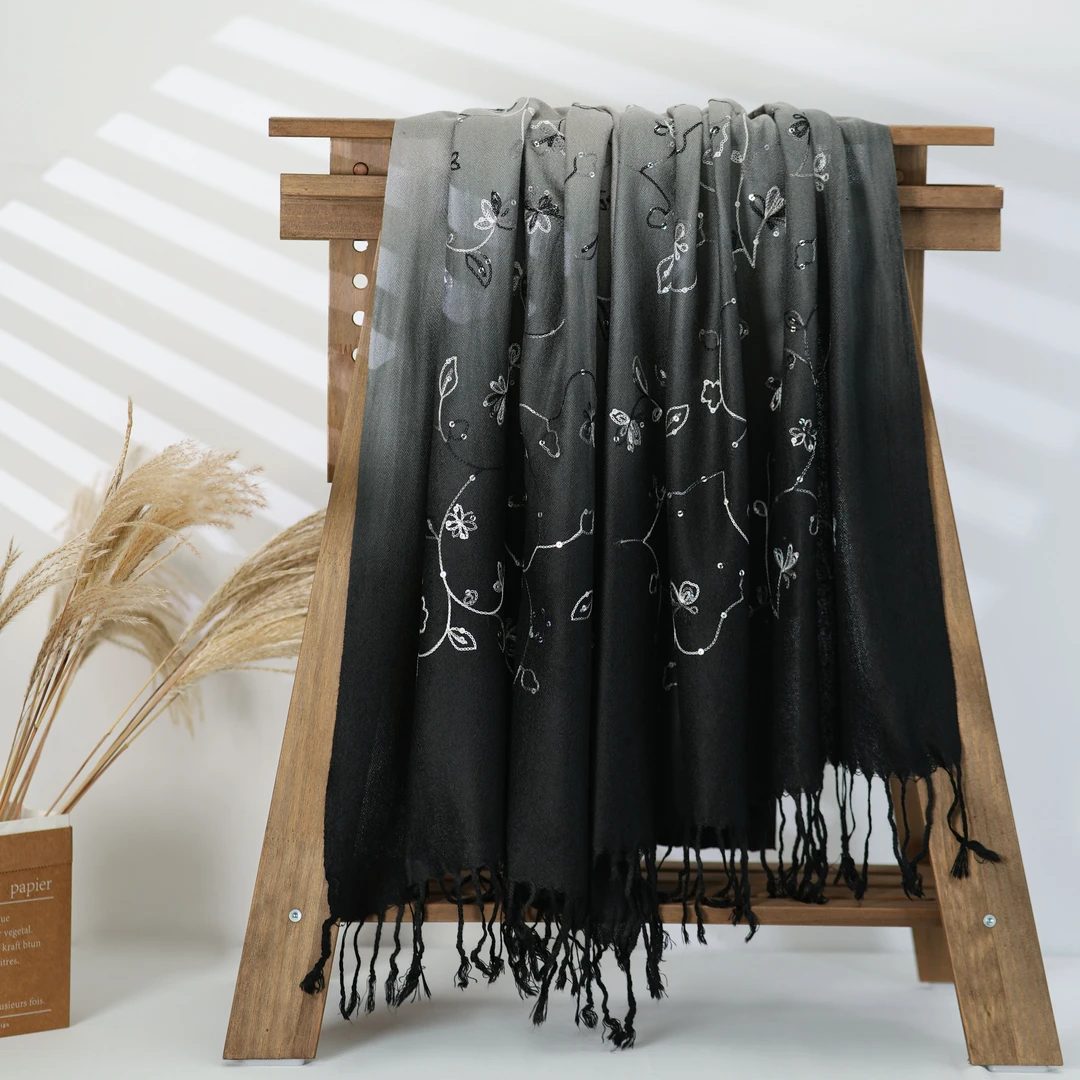 百搭时尚渐变亮片钉珠长巾披肩围巾10062 黑蓝