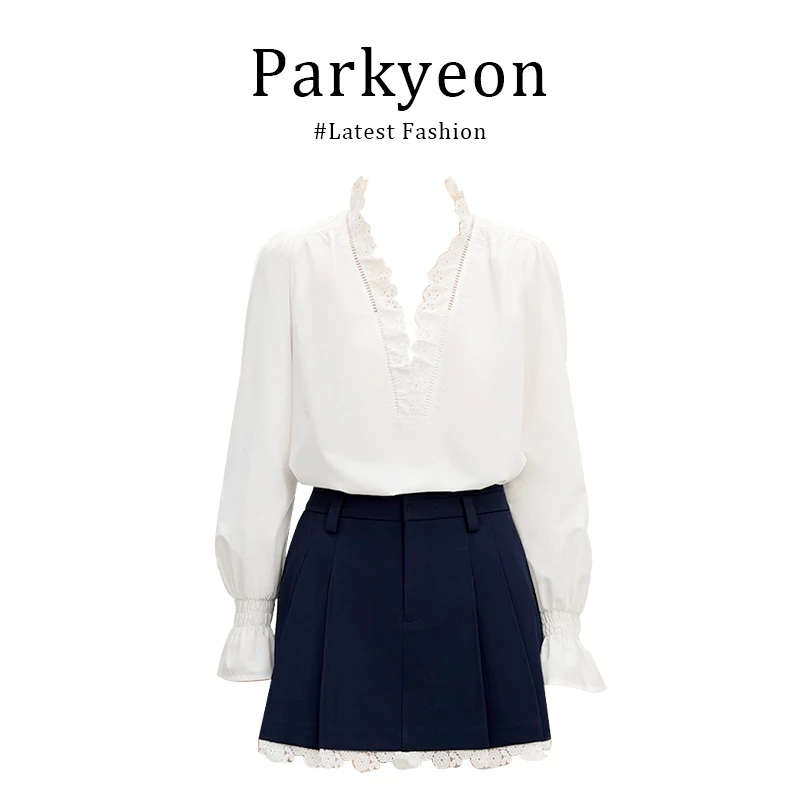 法式白色小众设计感蕾丝边v领长袖衬衫短裙小个子两件套装女春秋