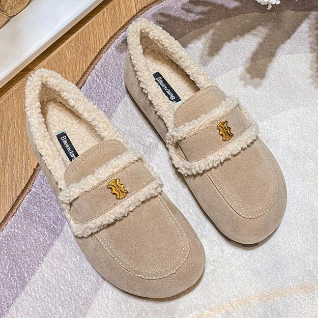 WB249设计 软底全包勃肯鞋2025秋冬新款毛毛鞋脚蹬加绒豆豆鞋杏色