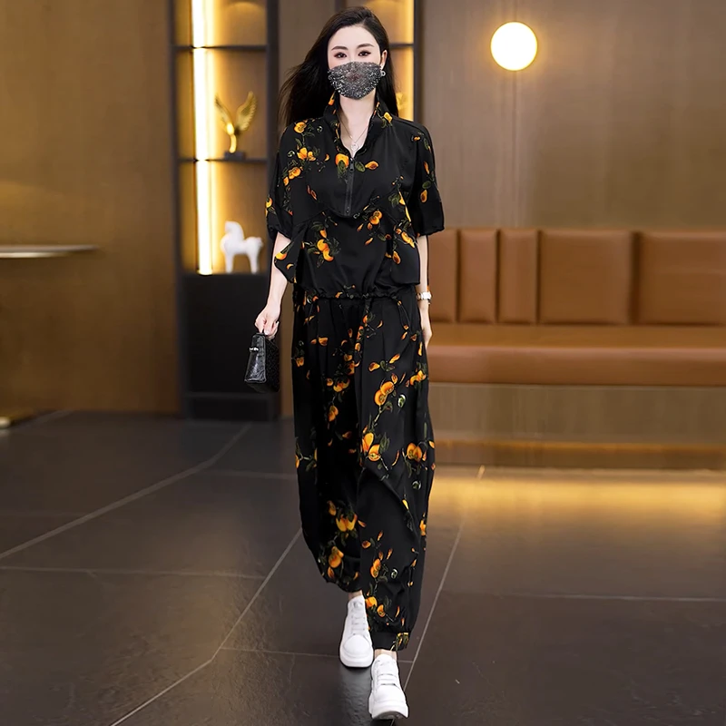 2025新款时尚印花大码洋气套装宽松减龄拉链上衣哈伦裤两件套