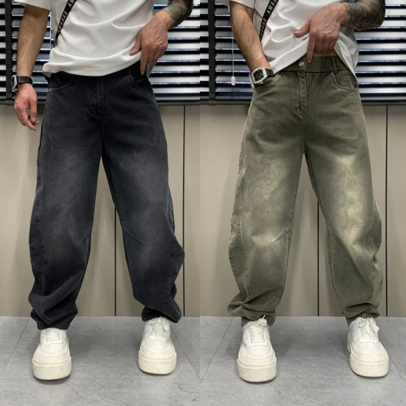 秋季新款美式弯刀裤痞帅阔腿洗水复古牛仔裤男潮牌宽松百搭直筒裤