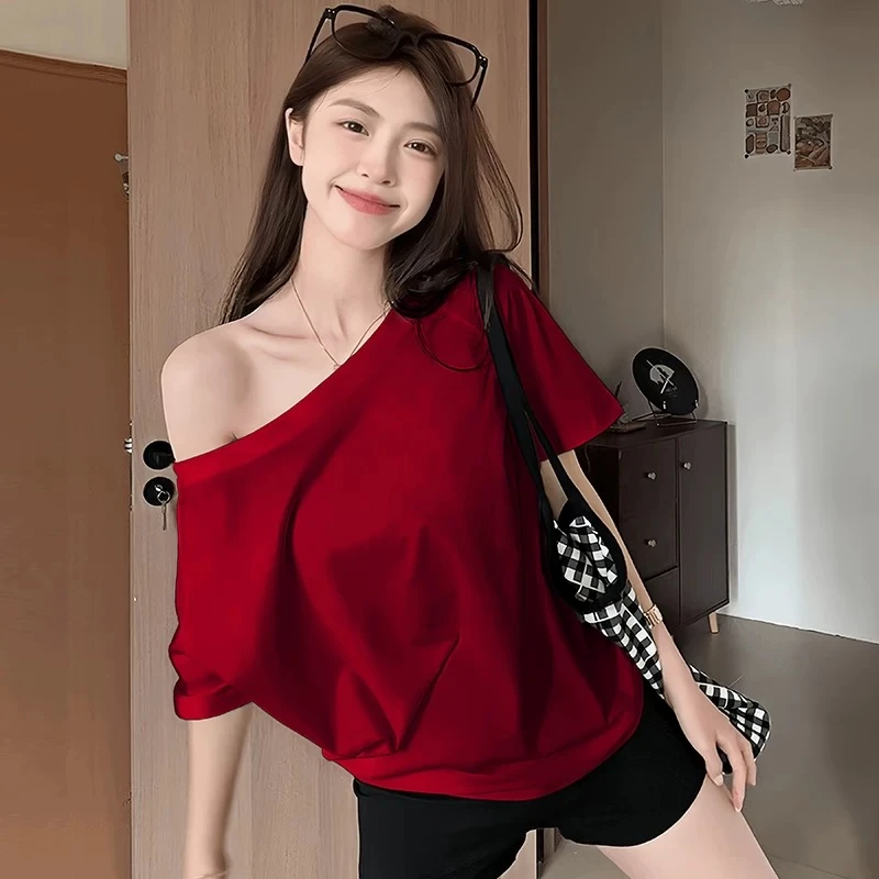 甜辣妹纯欲斜领露肩短袖T恤女装夏季新款宽松显瘦纯欲慵懒风女装