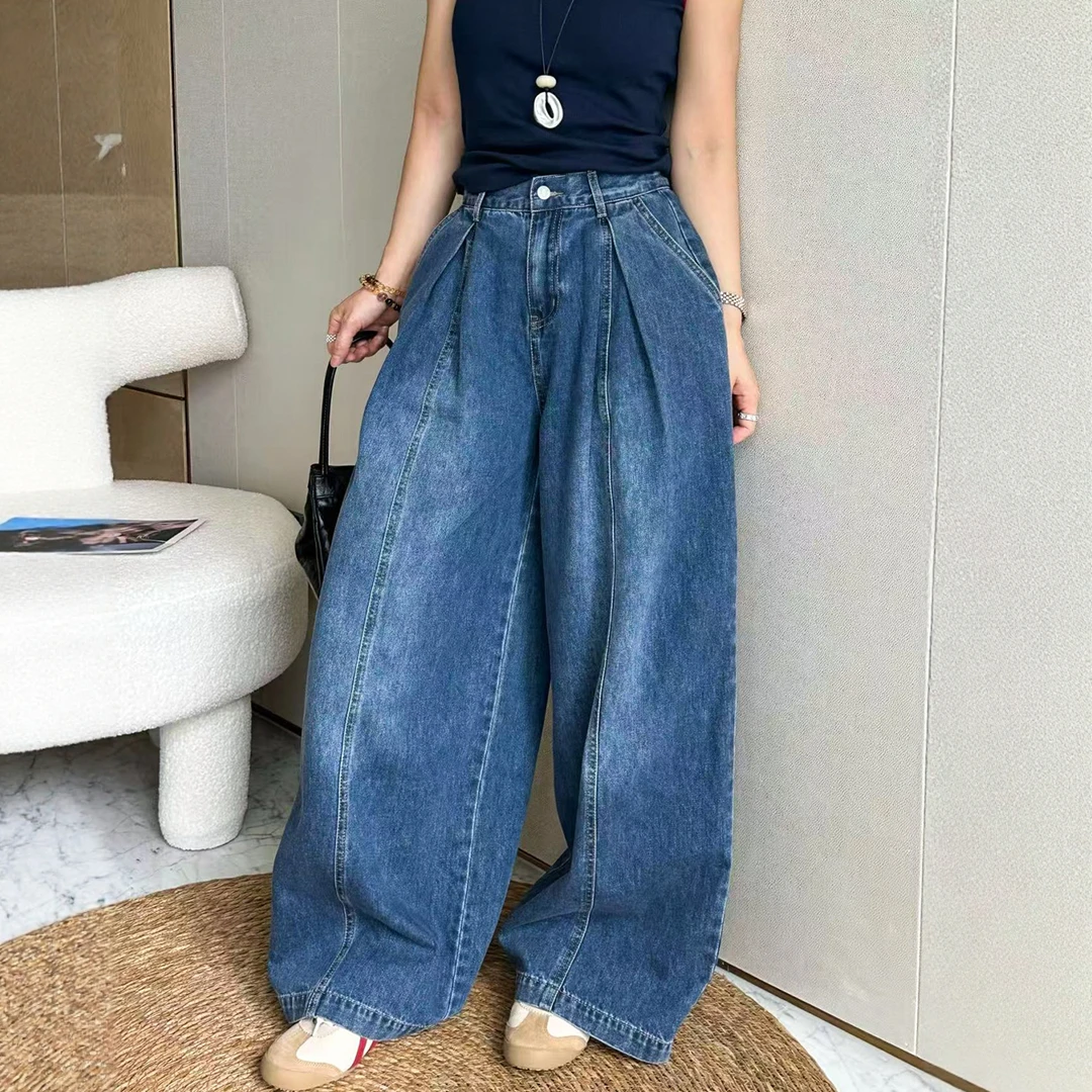 复古拖地明线阔腿牛仔裤女欧洲站早秋新款欧货女装老爹裤子潮裤子