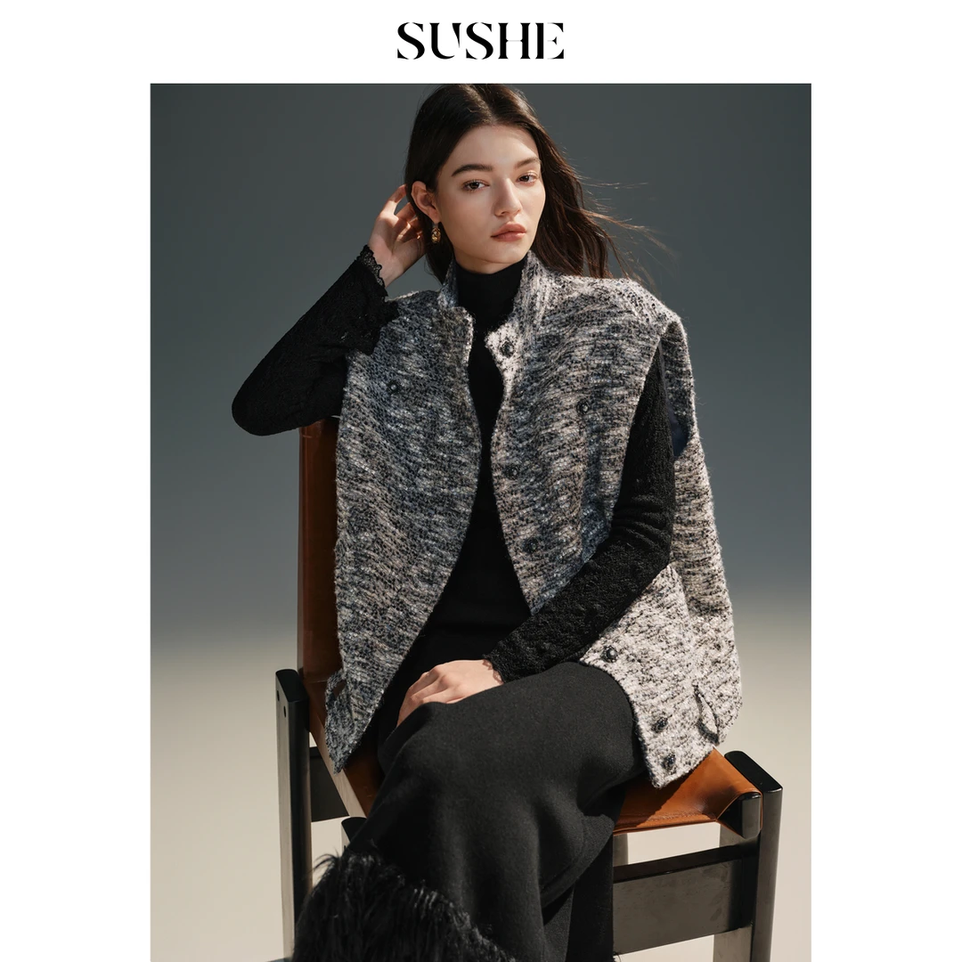 束皙SUSHE 渐霓 静奢香风 定纺渐变棉羊毛粗花呢宽松H型保暖马甲