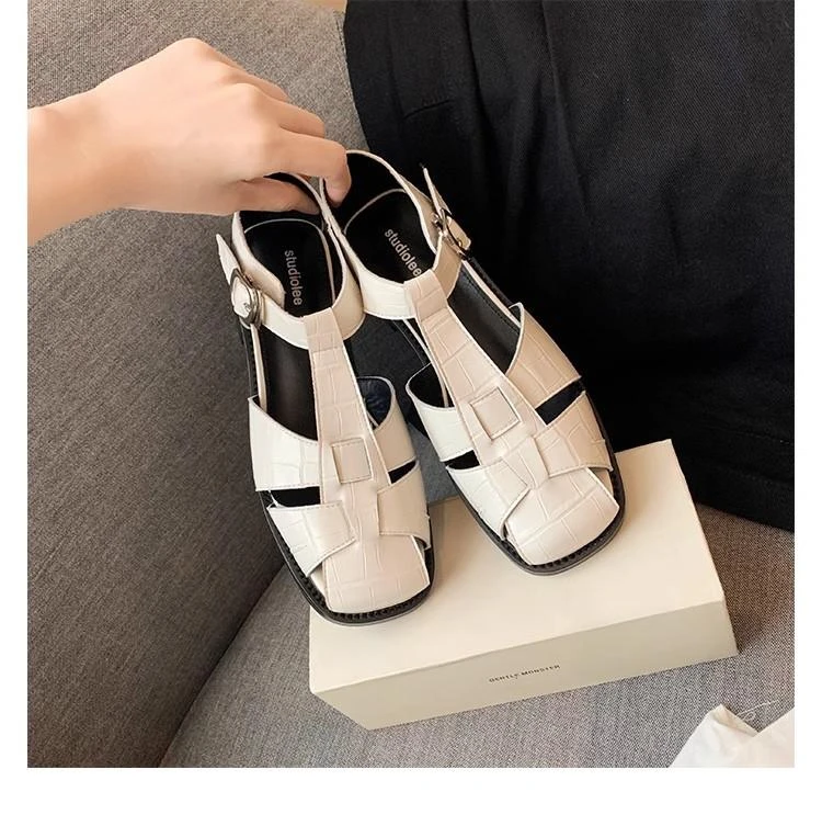 羊皮版~真皮复古罗马凉鞋女夏季小粗跟猪笼鞋镂空玛丽珍包头凉鞋