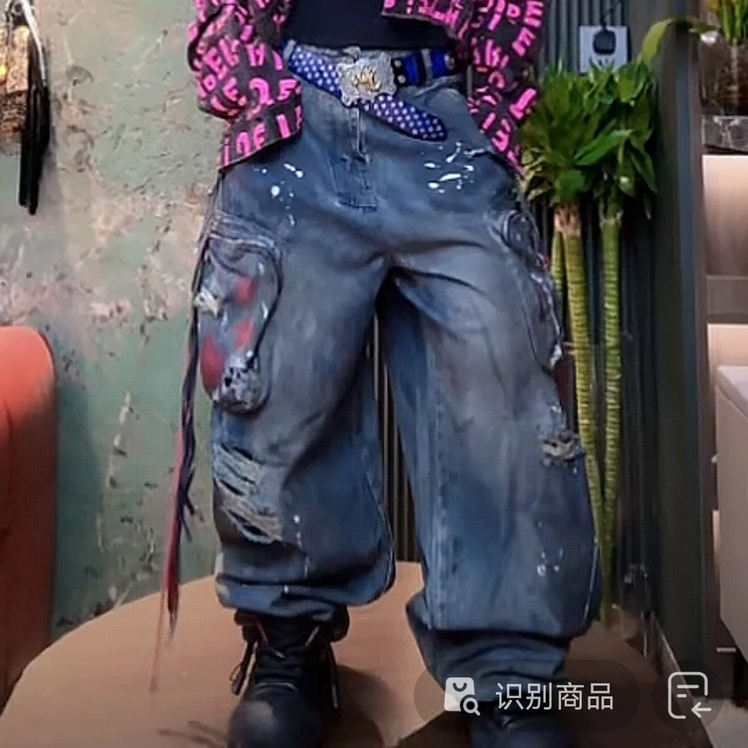 设计师款做旧废土风重工牛仔工装裤