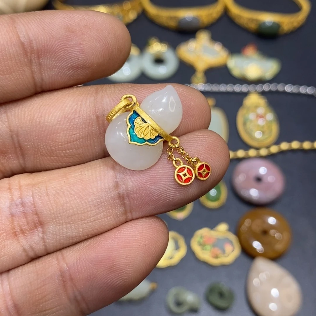 和田玉颈饰银S925镀金镶嵌