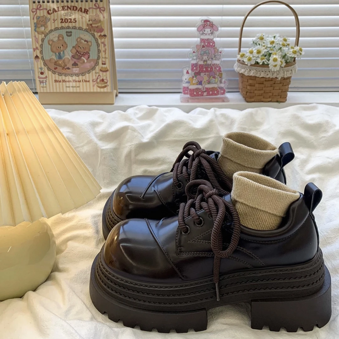 厚底增高小皮鞋女2025春秋新款时尚英伦风矮子乐系带乐福单鞋