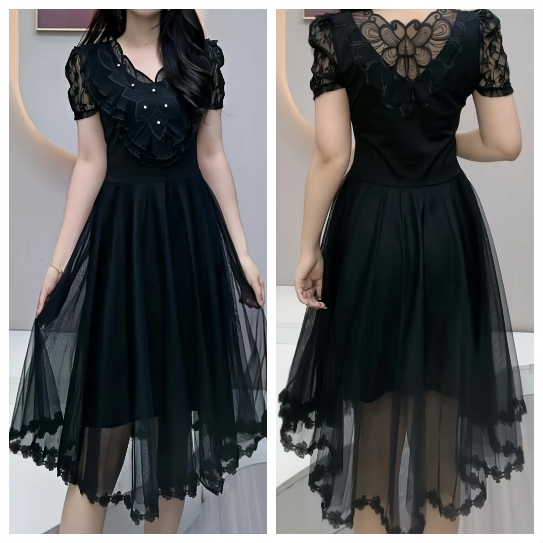 单条连衣裙短袖夏季镶钻连衣裙拼接礼服美背洋气时尚夏装#请5696