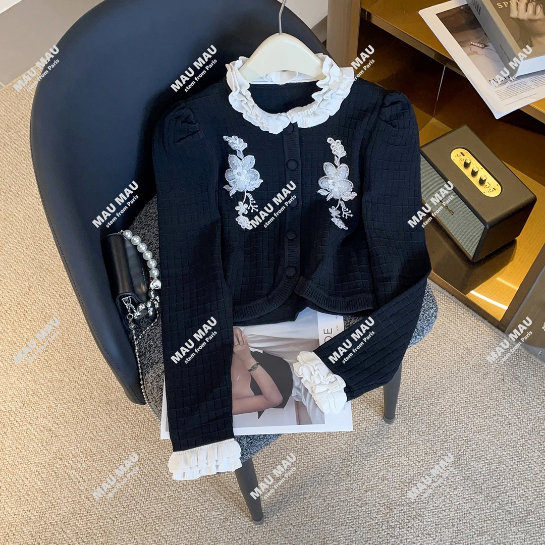 高腰显瘦立体花朵刺绣短外套新款格子肌理纹开衫上衣DY9060