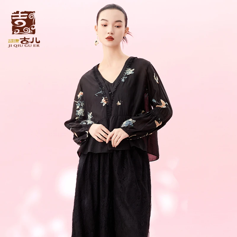 吉丘古儿蝶恋花锦棉绣花对襟上衣简约设计感立体花边显瘦G242Y020