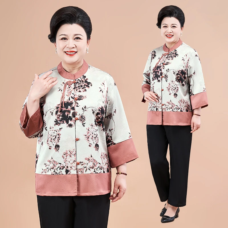 妈妈装时尚印花上衣宽松中老年女装春夏新款加肥加大薄款大码小衫