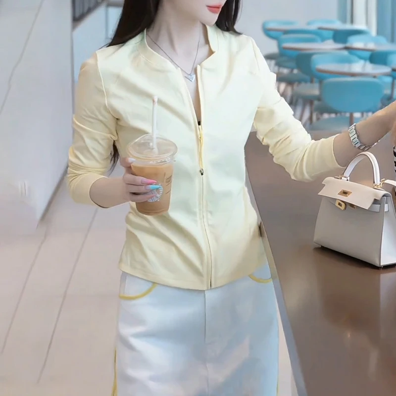 黄色拉链简约正肩长袖T恤女装2025新款初夏季超好看独特温柔上衣