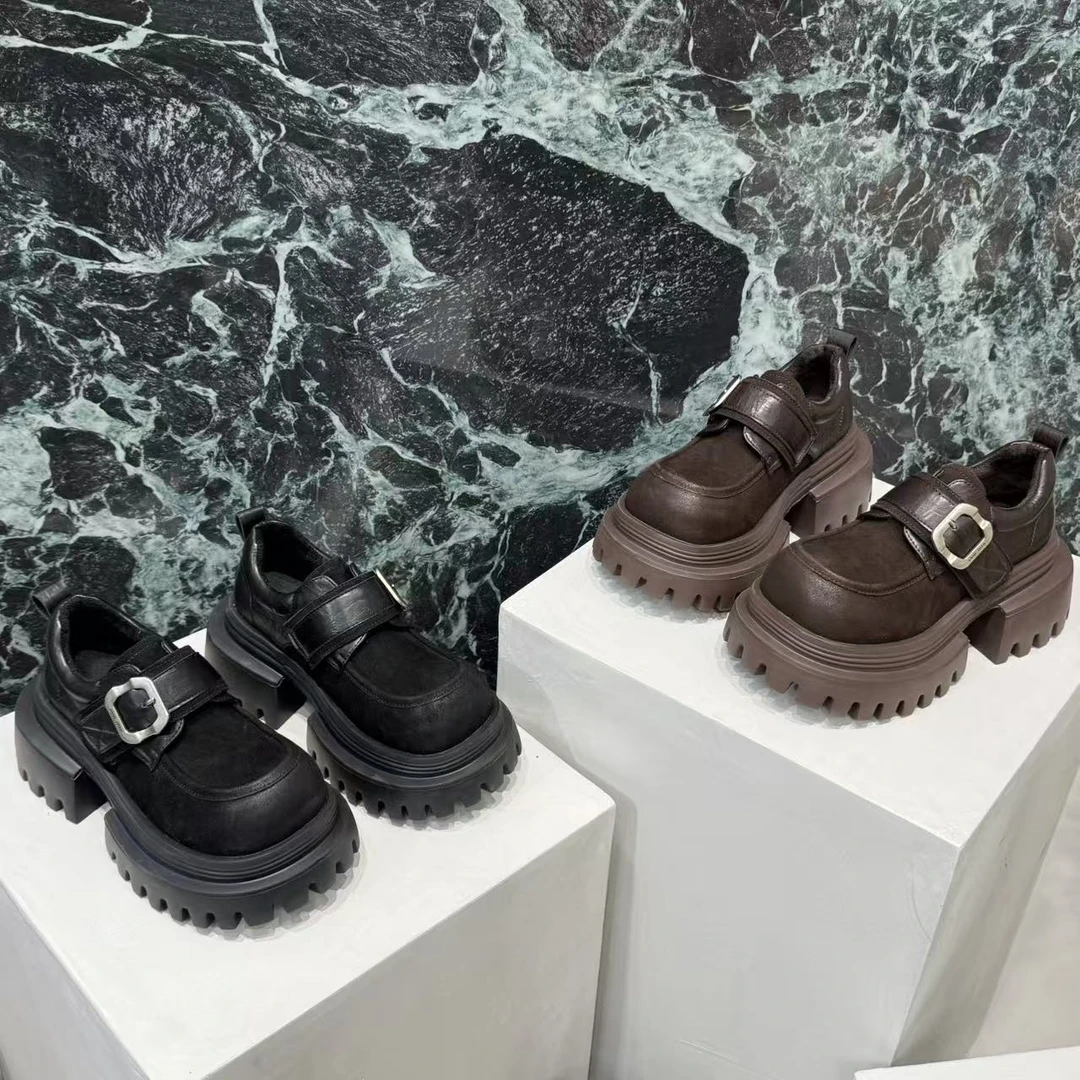 广州欧货【港风】秋冬真皮7cm魔术贴时尚英伦风厚底洋气轻奢乐福鞋