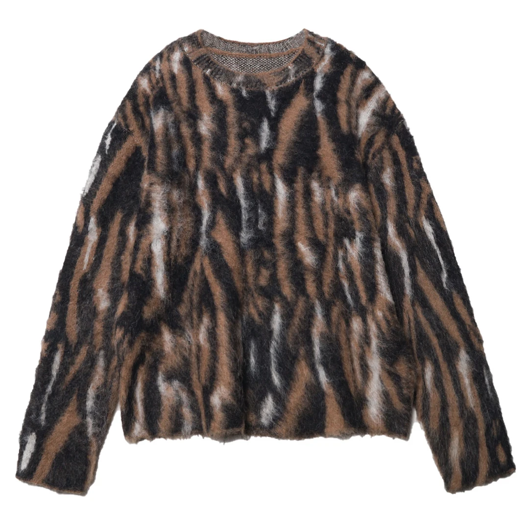 FMY123秋季新款复古潮流慵懒风宽松圆领雪虎纹松棕长袖毛衣男秋冬