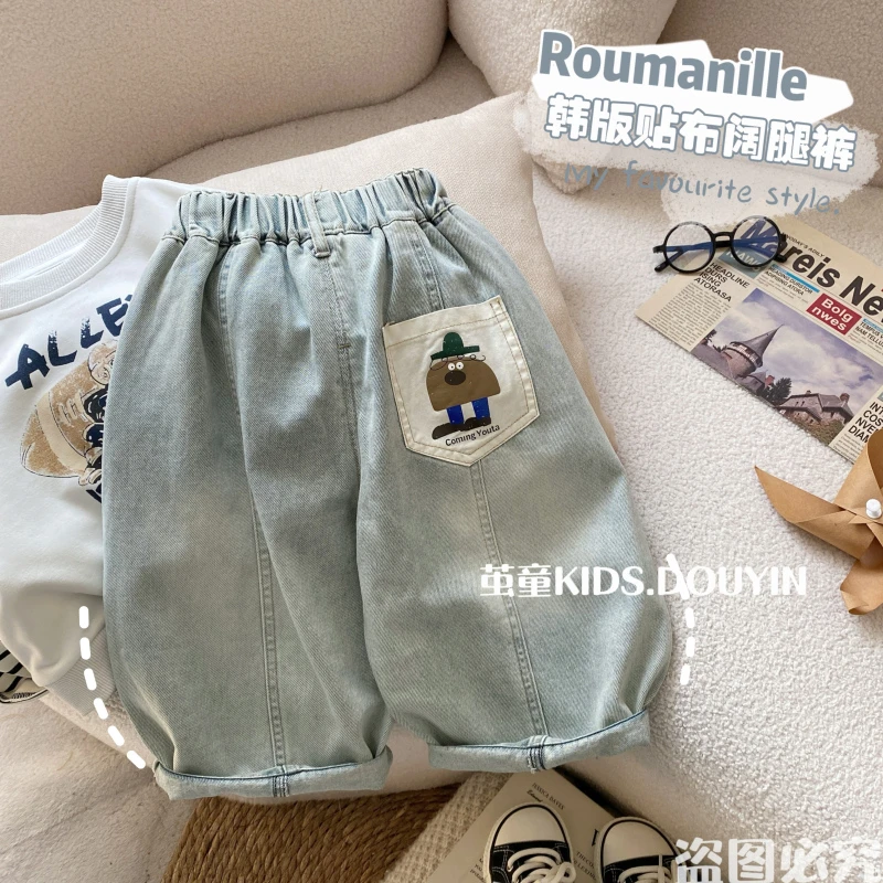 【麦麦妈】C152春秋小童贴布卡通牛仔裤春季新品男女宝潮酷