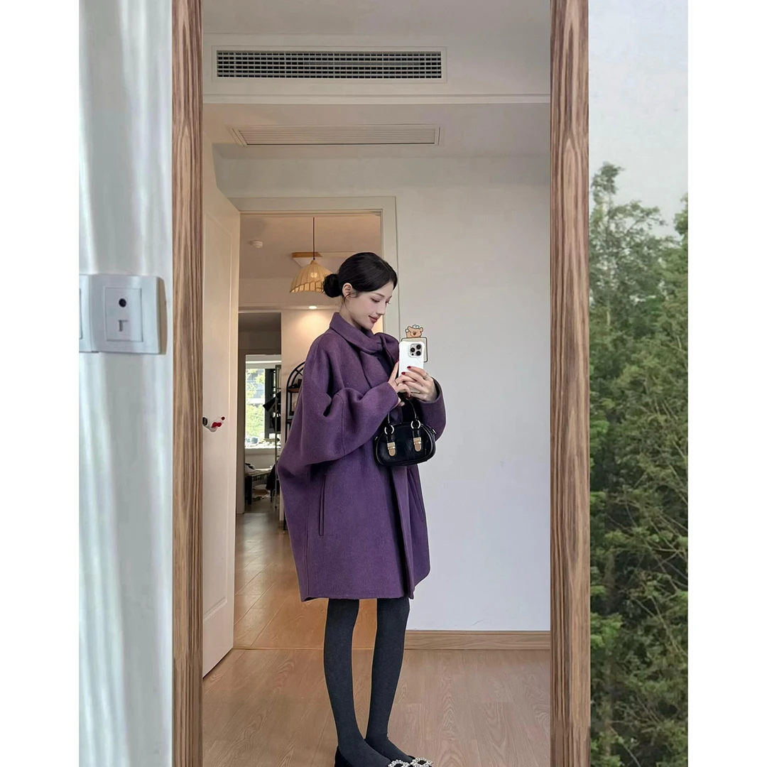 高级感系带蝴蝶结领中长款呢子大衣女2025冬季新款复古风毛呢外套