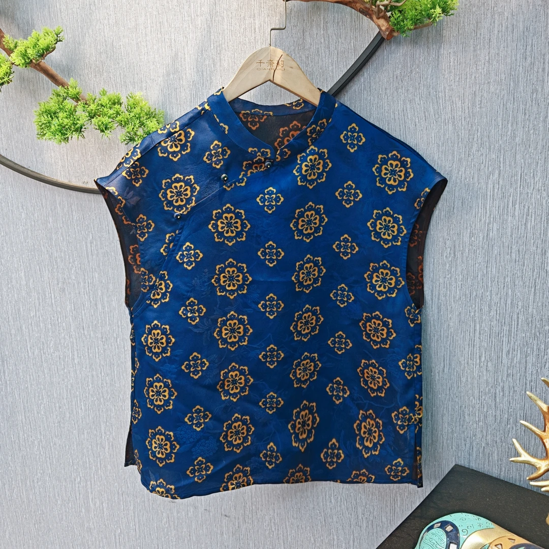 【千奈莉  】花萝无袖中式显瘦百搭休闲短袖上衣