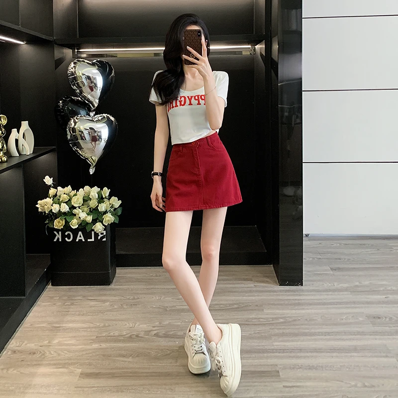 小个子穿搭高腰牛仔半身裙女夏2025年新款U领短款上衣两件套套装