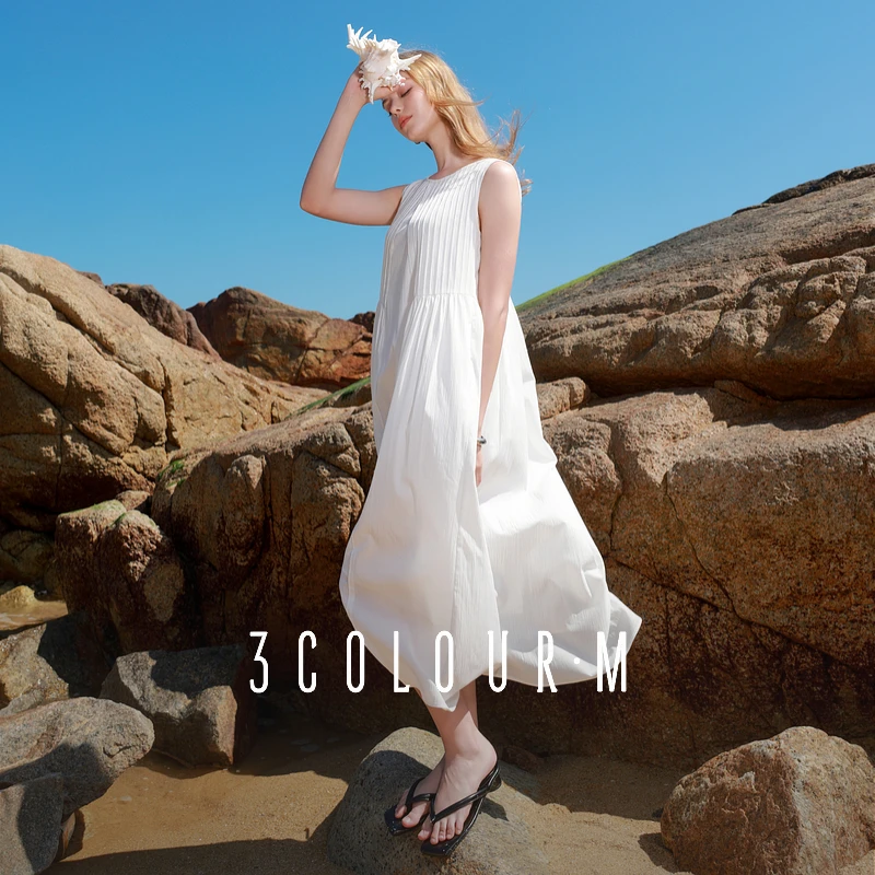 三彩2025夏季新款设计感小白裙无袖连衣裙A字裙气质背心裙长裙女M